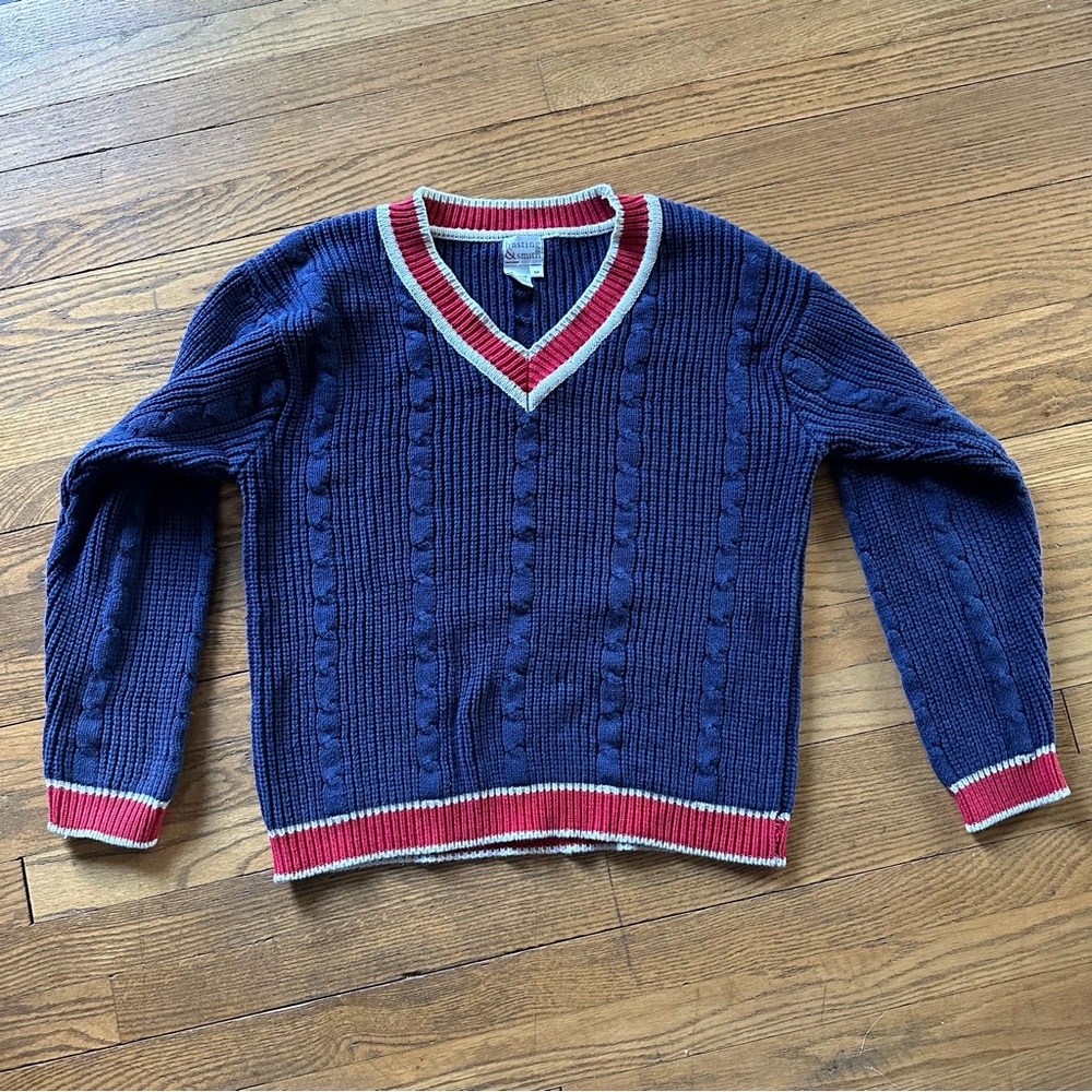 vintage cotton preppy v neck sweater navy and red // small-medium